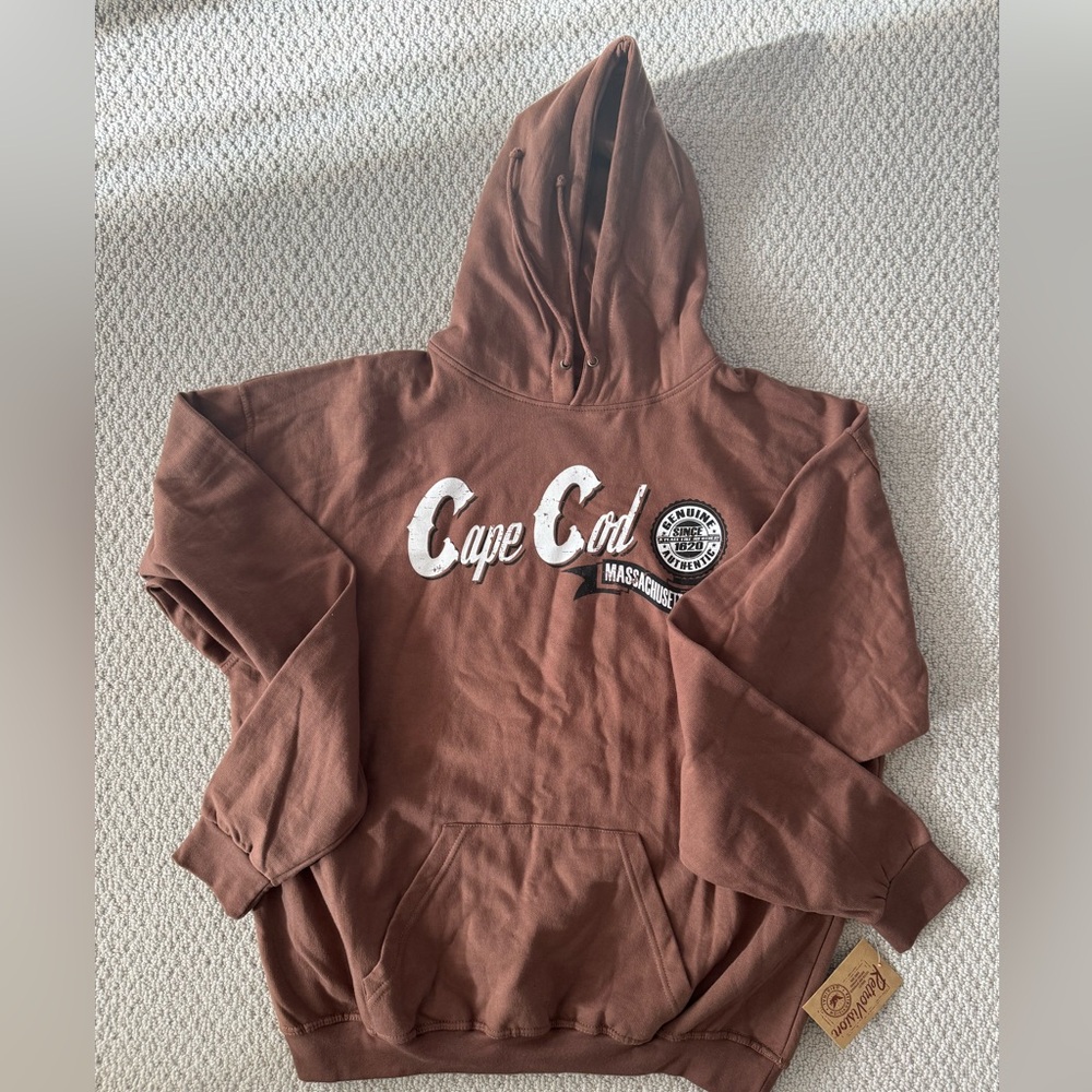Brown and White Hoodie with cape cod Graphic and Text. Brand new with tags.